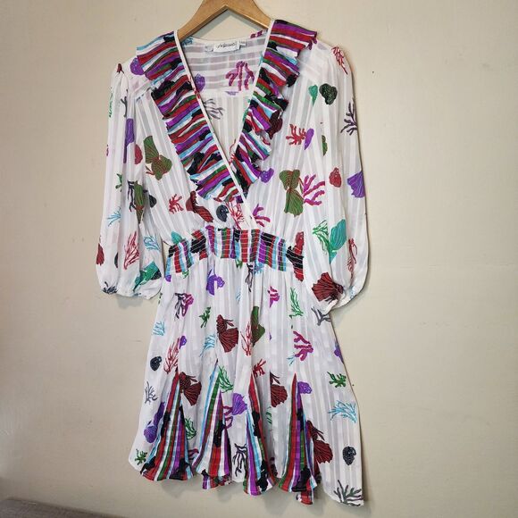 Vintage Mosaic Ruffled Mini Dress Womens XS Summer Beach Coastal Vacation - Picture 5 of 16